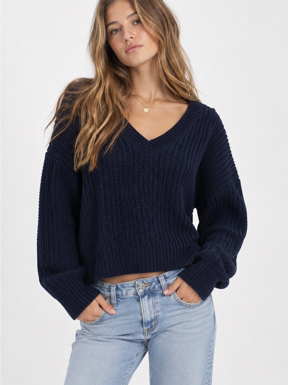 PINK/Victoria’s Secret V-Neck Chunky Knit Sweater - Navy